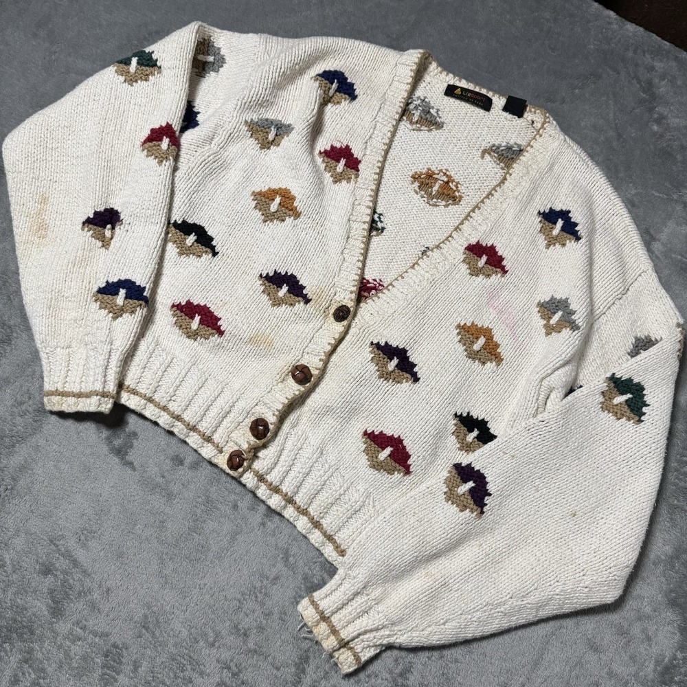 VTG Liz Sport Hand Knitted Ivory Mushroom Cardigan Sweater‎ Women Medium Flaws